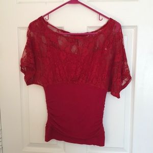 HeartSOUL Red Lace Ruched Short Sleeve Shirt, Size Medium (Juniors)